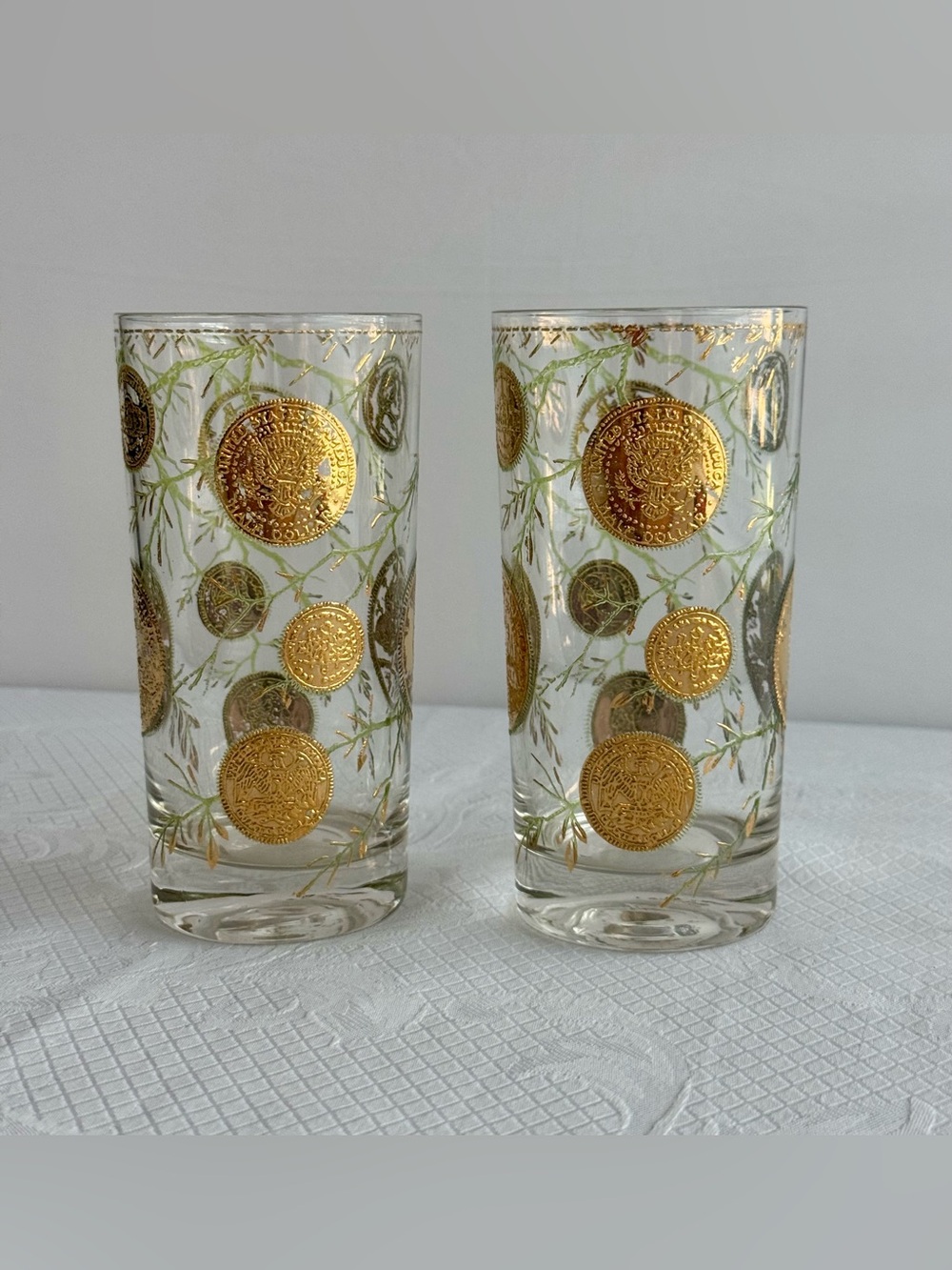 Vintage Culver Midas 22K Gold Coin Highball Glasses (Set of 2) Barware